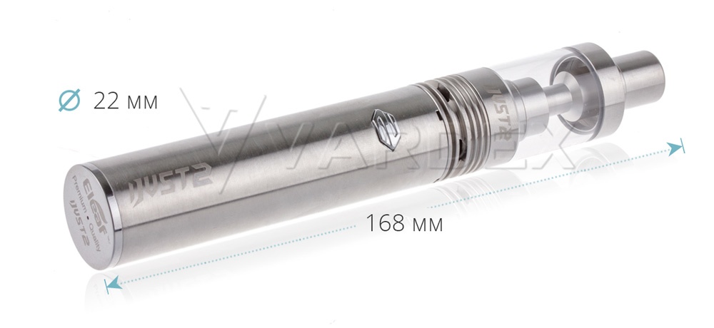 Корпус электронной сигареты iSmoka iJust 2 выполнен в привычном цилиндрическом форм-факторе. Высота устройства в собранном виде составляет 168 миллиметров