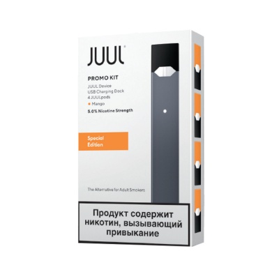 Набор Juul Labs JUUL (8W, 200 mAh) с 4 картриджами JUUL Mango (0,7 мл) и зарядным устройством - фото 1